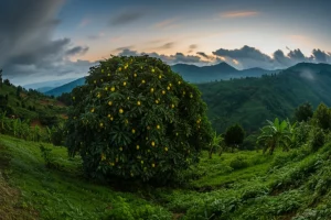Fotografia di paesaggio grandangolare degli altopiani lussureggianti di Bamboutos in Camerun al tramonto, con un albero di avocado in primo piano carico di frutti maturi visibili tra le foglie. Obiettivo grandangolare 20mm, lunga esposizione per nuvole soffici e cielo dai colori caldi, messa a fuoco nitida sull'albero e sul paesaggio montuoso sullo sfondo, alta definizione.