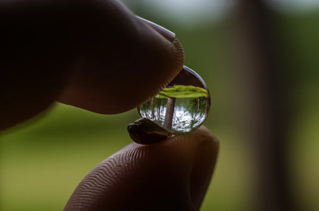 Fotografia macro ad alta definizione di un seme di pino (Pinus armandi) tenuto delicatamente tra due dita, con una goccia d'acqua sulla superficie che riflette una foresta di pini sullo sfondo. Obiettivo macro 90mm, illuminazione naturale morbida, profondità di campo ridotta per focalizzare sul seme, evocando il legame tra il seme e l'ecosistema.