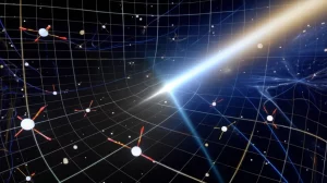 Illustrazione concettuale della Relatività Specialissima (VSR), mostrando una griglia dello spaziotempo leggermente distorta per indicare una direzione preferenziale, con particelle subatomiche stilizzate e un cono di luce Cherenkov che emerge. Stile fotorealistico, wide-angle 15mm, long exposure per un effetto etereo, focus nitido sulla struttura dello spaziotempo e sul cono Cherenkov.