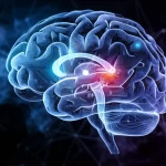 Immagine concettuale fotorealistica: un cervello umano stilizzato fatto di circuiti luminosi pulsanti, con un focus particolare sull'area dello striato evidenziata. Sfumature di blu e viola duotone, obiettivo prime 50mm, profondità di campo ridotta per isolare il cervello, simboleggiando l'impatto della metanfetamina sulle funzioni neurali legate alla ricompensa.