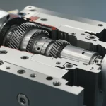 Immagine fotorealistica di un giunto di un braccio robotico industriale di alta precisione, vista in sezione che rivela il riduttore armonico all'interno. Focus sugli ingranaggi complessi. Illuminazione da studio morbida e diffusa. Teleobiettivo, 100mm, profondità di campo ridotta che enfatizza il meccanismo di azionamento.