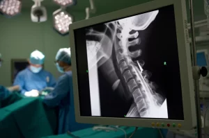 Immagine fotorealistica di una sala operatoria high-tech vista da una prospettiva leggermente angolata. In primo piano, su un monitor, è visibile una radiografia laterale della colonna cervicale post-ACDF con un evidente disallineamento sagitale (cifosi residua). Sullo sfondo sfocato, un team chirurgico è al lavoro. Illuminazione drammatica controllata. Obiettivo zoom 35mm, profondità di campo.