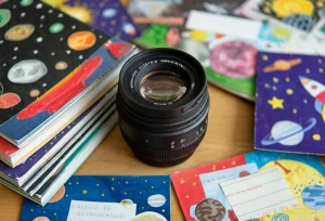 Macro lens, 60mm, high detail, precise focusing, controlled lighting, pila di zine fatte a mano sulla scienza spaziale con copertine colorate raffiguranti disegni di pianeti, razzi e stelle, alcune aperte mostrano testo scritto a mano ed elementi di collage, appoggiate su un tavolo di legno.