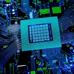 Primo piano di un chip di intelligenza artificiale futuristico con pattern luminosi blu e verdi interconnessi che simboleggiano la fusione di reti neurali (FRN e Long-CLIP), obiettivo macro 100mm, illuminazione controllata high-tech e high detail per enfatizzare la complessità e l'efficienza della classificazione few-shot con FEL-FRN.