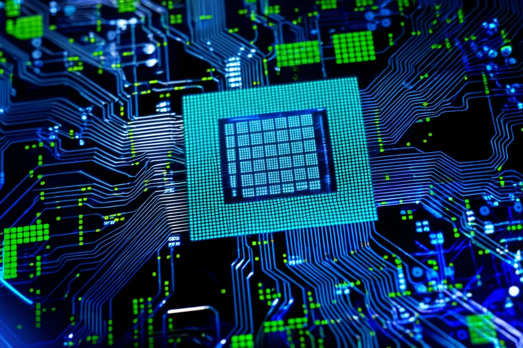 Primo piano di un chip di intelligenza artificiale futuristico con pattern luminosi blu e verdi interconnessi che simboleggiano la fusione di reti neurali (FRN e Long-CLIP), obiettivo macro 100mm, illuminazione controllata high-tech e high detail per enfatizzare la complessità e l'efficienza della classificazione few-shot con FEL-FRN.