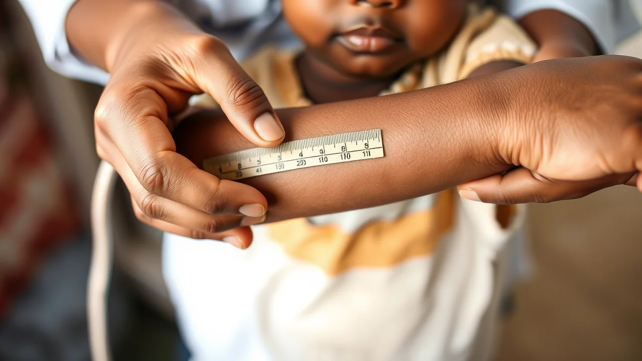 Primo piano sulle mani di un operatore sanitario che misurano delicatamente la circonferenza del braccio (MUAC) di un bambino piccolo etiope, focus preciso sulle mani e sul metro, sfondo leggermente sfocato di un ambiente clinico semplice, obiettivo macro 90mm, alta definizione. Simbolo di diagnosi e cura della malnutrizione.