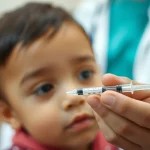 Ritratto di un bambino piccolo che guarda incuriosito una siringa tenuta da un medico o infermiere fuori fuoco sullo sfondo, trasmettendo un senso di sicurezza e cura durante la vaccinazione. Lente prime 35mm, profondità di campo, colori naturali e caldi.
