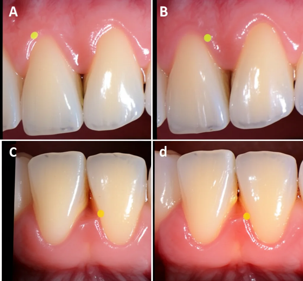 Visualizzazione comparativa di diversi metodi di misurazione del fenotipo gengivale: sonda parodontale standard, sonda colorata, immagine CBCT e aspetto clinico di gengive sane e spesse intorno a un incisivo, obiettivo macro 100mm, alta definizione, illuminazione da studio dentistico.