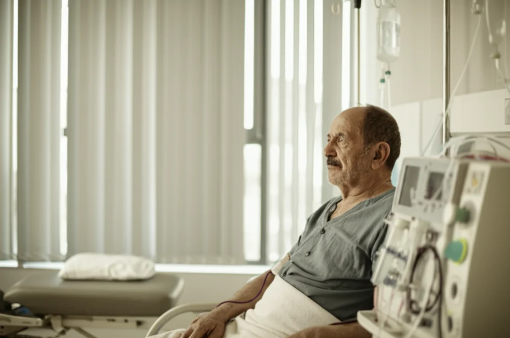 Ritratto fotografico di un paziente anziano seduto vicino a una macchina per emodialisi in una clinica luminosa, sguardo pensieroso ma speranzoso verso la finestra, obiettivo 35mm, profondità di campo, toni duo seppia e grigio.