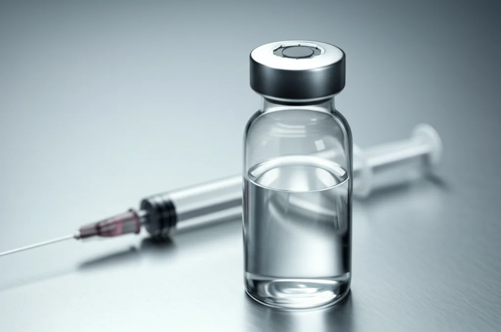 Primo piano macro di un flaconcino di vaccino COVID-19 e una siringa su un tavolo medico sterile in acciaio, obiettivo macro 100mm, alta definizione dei dettagli, illuminazione controllata e riflessi precisi.