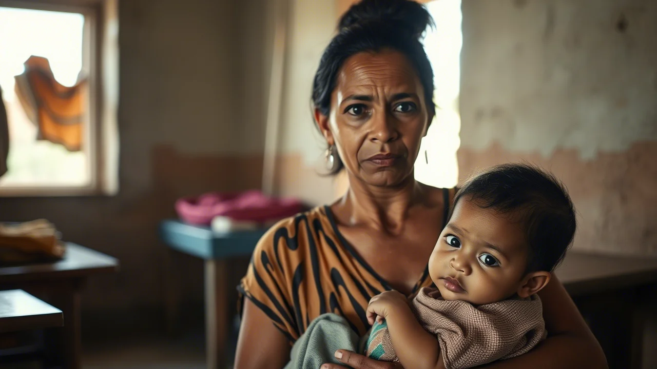 Fotografia realistica di una madre etiope preoccupata che tiene in braccio il suo bambino piccolo in una clinica rurale poco attrezzata nel Tigray, Etiopia. Obiettivo prime 35mm, luce naturale soffusa che entra da una finestra, profondità di campo ridotta per concentrarsi sull'espressione della madre, toni caldi e leggermente desaturati.