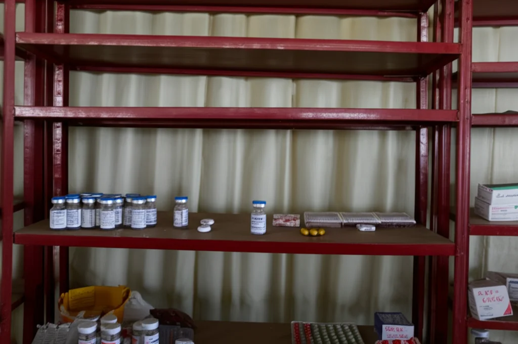 Fotografia realistica di uno scaffale quasi vuoto di medicinali e vaccini in un centro sanitario rurale nel Tigray, Etiopia. Obiettivo macro 60mm, illuminazione controllata che evidenzia la polvere e la scarsità, alta definizione per mostrare i dettagli delle etichette sbiadite, messa a fuoco precisa sulle poche fiale rimaste.