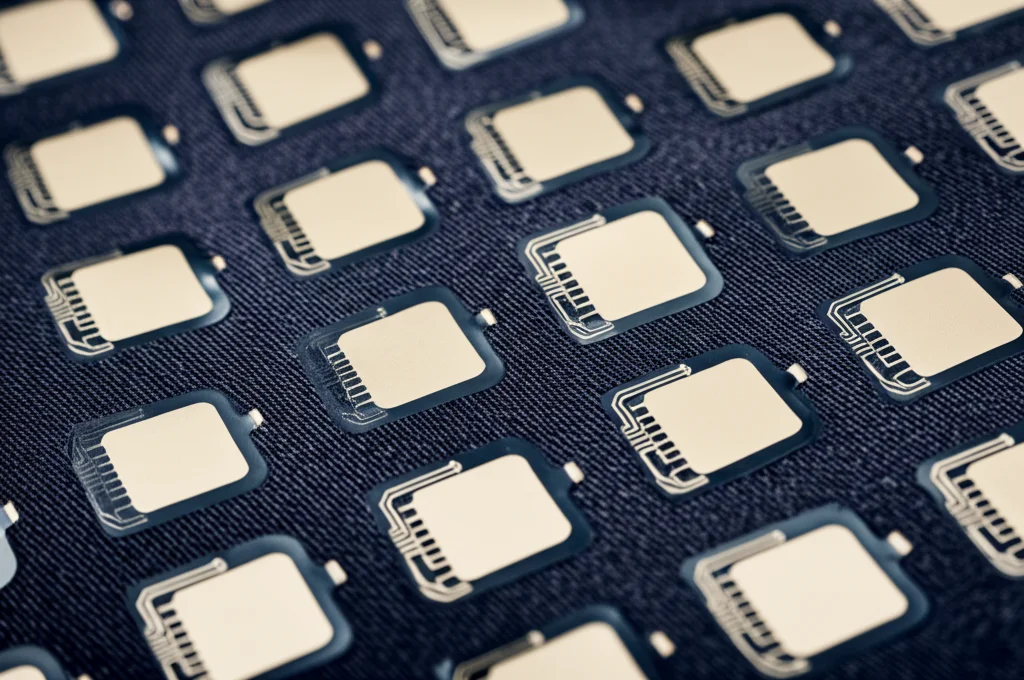 Foto macro di sensori RFID passivi, simili a piccole etichette flessibili con circuiti argentati visibili, disposti in una griglia ordinata su un tessuto tecnico scuro che simula l'interno di un materasso. Illuminazione da studio controllata, alta definizione, obiettivo macro 100mm, messa a fuoco precisa sui dettagli dei circuiti dei sensori.