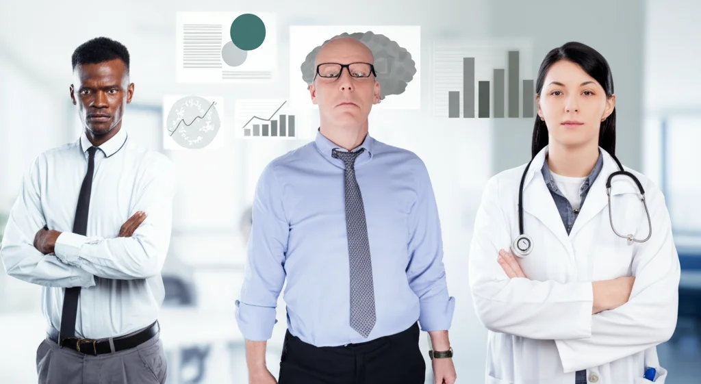 Fotografia realistica di tre persone diverse per età e aspetto socio-economico, ognuna rappresentante uno dei tre cluster identificati dallo studio (alta conoscenza/scarsa pratica, alta conoscenza/buona pratica, bassa conoscenza/scarsa pratica). Sono in un ambiente neutro, magari davanti a grafici stilizzati sulla salute cerebrale. Obiettivo prime 35mm, profondità di campo per mettere a fuoco le persone, sfondo leggermente sfocato.