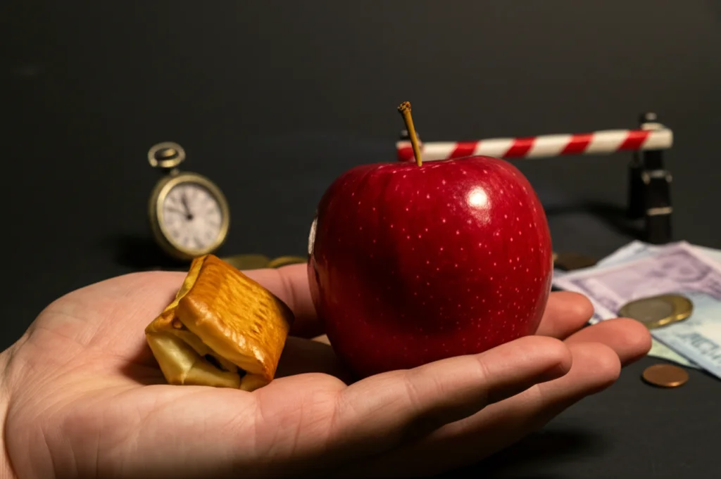 Scatto macro realistico di una mano che esita tra una mela rossa e brillante (scelta sana) e una merendina confezionata (scelta meno sana). Sullo sfondo, leggermente sfocati, simboli di barriere: un piccolo orologio da tasca (tempo) e alcune monete sparse (denaro). Obiettivo macro 100mm, alta definizione sulla mano e sui cibi, illuminazione laterale che crea ombre e drammaticità.