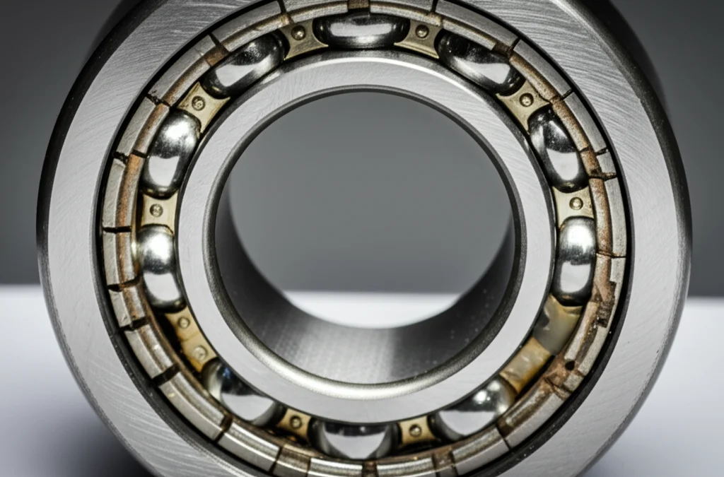 Immagine macro fotorealistica di un cuscinetto a sfere industriale aperto, obiettivo macro 90mm, messa a fuoco precisa sui dettagli usurati di una pista interna e di una sfera, illuminazione controllata laterale che evidenzia micro-fratture e particelle metalliche, leggero effetto motion blur sullo sfondo per indicare la rotazione passata.