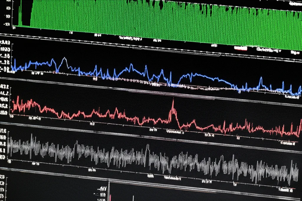 Fotografia stile still life, obiettivo macro 75mm, che mostra uno schermo di computer con visualizzazioni multiple di segnali: un segnale grezzo rumoroso, diversi segnali filtrati in bande di frequenza separate, e infine due segnali puliti risultanti dalla deconvoluzione, evidenziando picchi periodici. Illuminazione da studio controllata, alta definizione dei grafici.