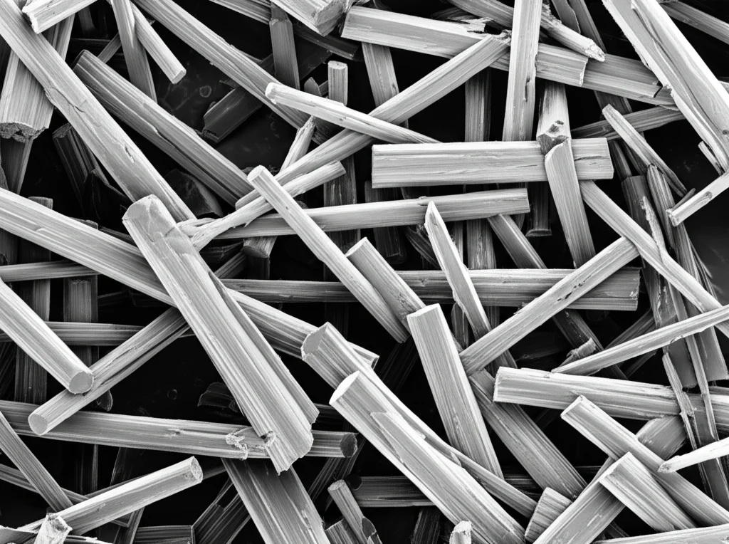 Immagine macro fotorealistica di nanostrutture aghiformi di triossido di tungsteno (WO3) su una superficie scura, illuminate lateralmente per evidenziare la texture. Obiettivo macro 100mm, alta definizione, illuminazione controllata da laboratorio, dettagli cristallini visibili.