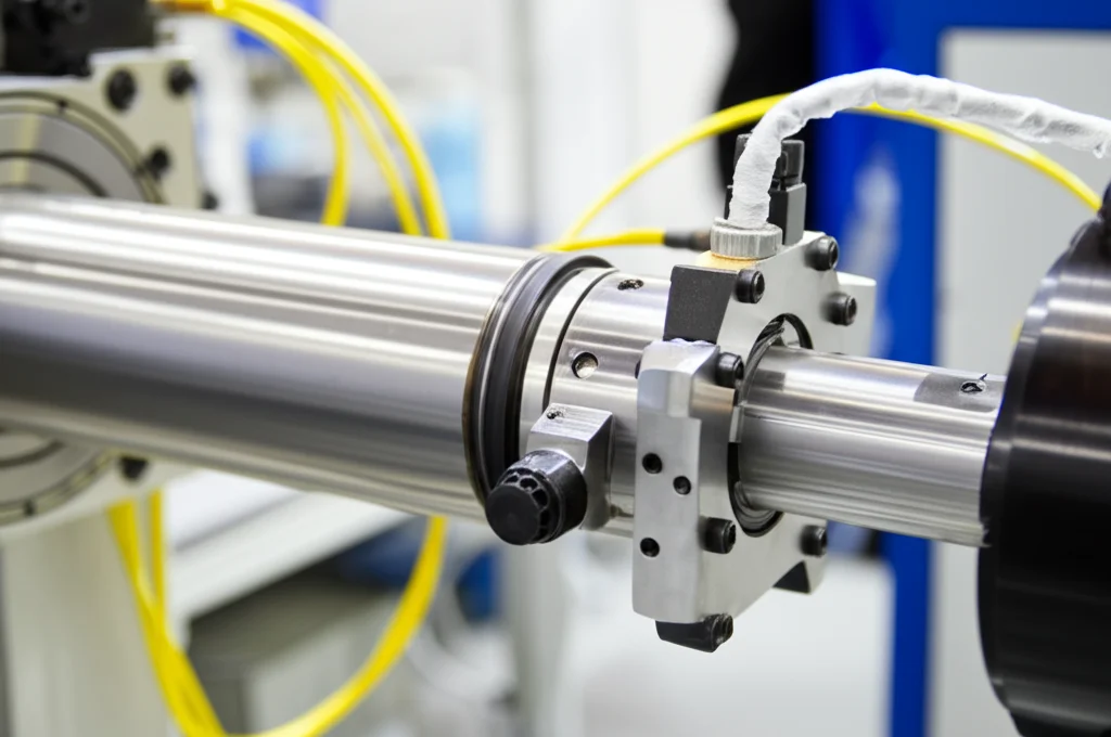 Fotografia di un banco prova industriale per cuscinetti in funzione, obiettivo teleobiettivo zoom 150mm, cattura l'azione con una leggera sfocatura di movimento sull'albero rotante, messa a fuoco nitida sul cuscinetto e sui sensori di vibrazione collegati, tracciamento del movimento, illuminazione industriale funzionale.