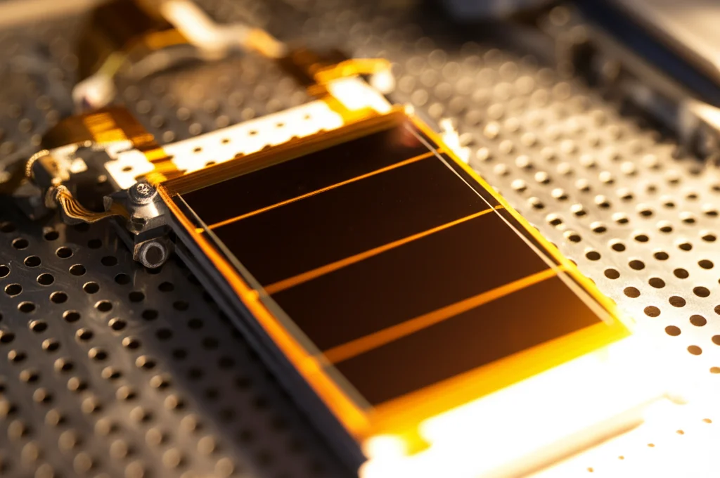 Fotografia di una cella solare organica flessibile PM6:Y7 drogata con WO3, illuminata da un simulatore solare in un laboratorio high-tech. Si intravedono i contatti elettrici e la superficie attiva. Obiettivo prime 35mm, profondità di campo ridotta, luce intensa che simula il sole.