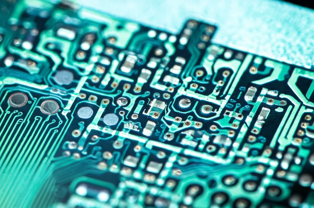 Macro fotografia, 85mm lens, di un chip MEMS BAW Multi-DoF su un circuito stampato (PCB). Si vedono chiaramente le strutture circolari dei risonatori accoppiati e gli elettrodi metallici sulla superficie di nitruro di alluminio (AlN) sopra il silicio (SOI). Luce da laboratorio controllata, alta definizione, focus preciso sulle strutture MEMS.