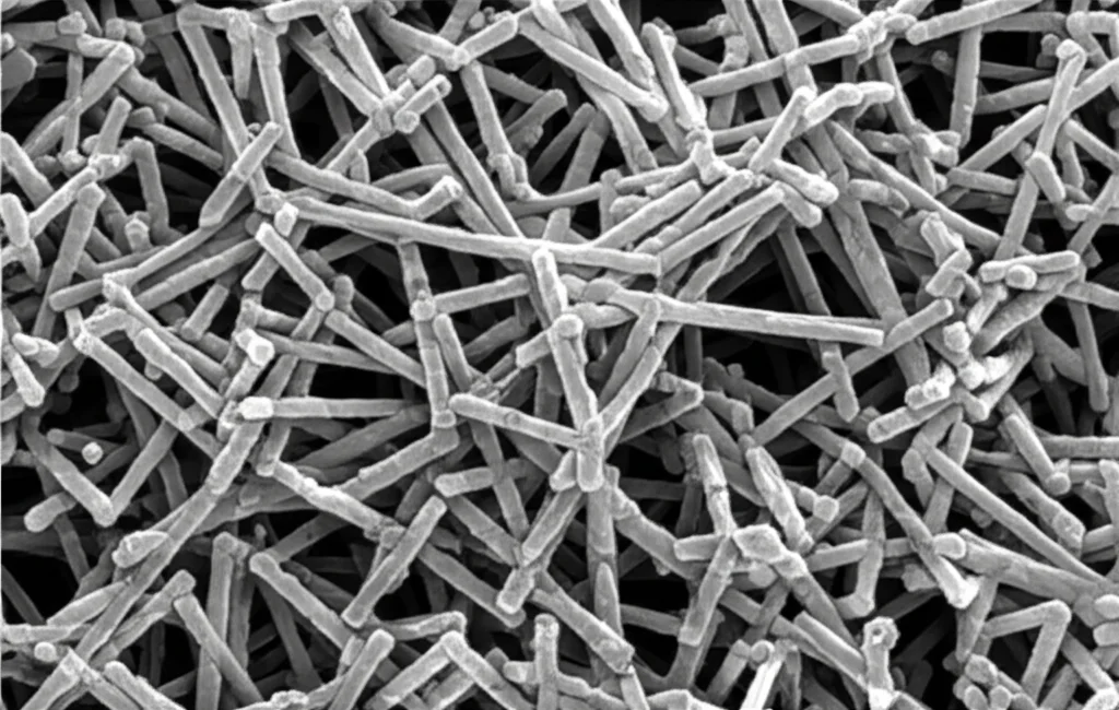 Vista al microscopio elettronico a scansione (SEM), alta definizione, 100mm macro lens equivalente, della superficie porosa di cristalli ZIF-8 cresciuti sul retro di un disco di silicio di un risonatore MEMS. Illuminazione controllata per evidenziare la struttura cristallina e porosa dello ZIF-8.