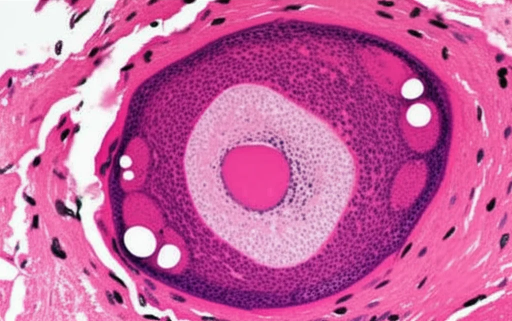 Macro fotografia, 85mm, di tessuto ovarico equino sezionato che mostra follicoli a diversi stadi di sviluppo (primario, secondario, terziario), con focus sull'ovocita e le cellule della granulosa circostanti, illuminazione da laboratorio controllata, alta definizione.