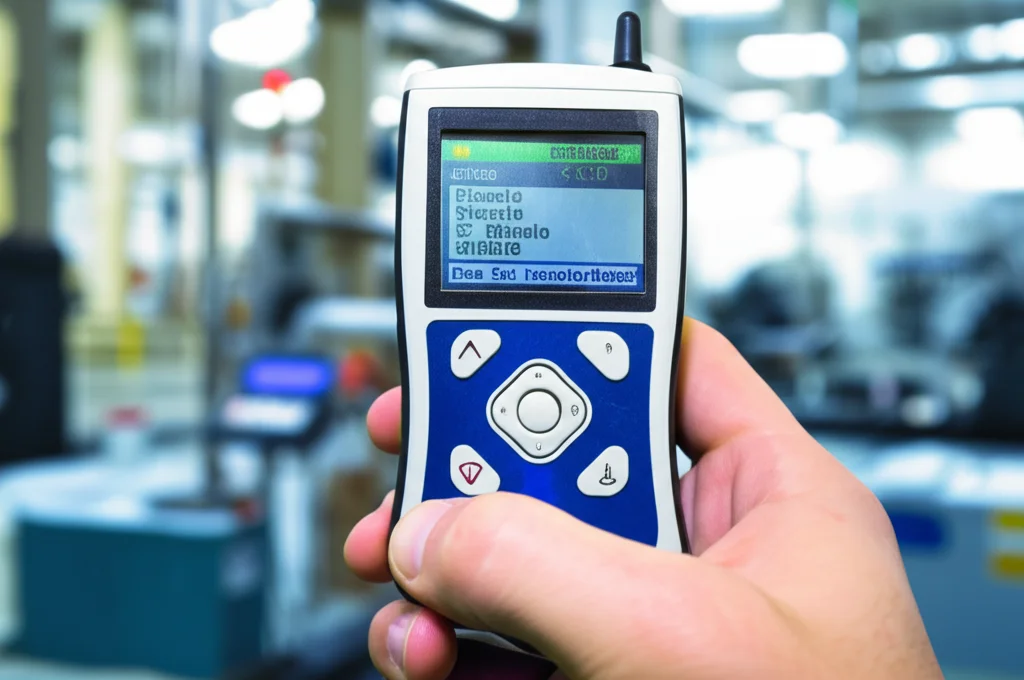 Immagine concettuale di un futuro 'naso elettronico' portatile basato su tecnologia MEMS BAW. Un piccolo dispositivo tenuto in mano con un display che mostra la concentrazione di un gas specifico (es. etanolo) rilevato nell'aria circostante. Sfondo leggermente sfocato di un ambiente industriale o urbano. Luce naturale, obiettivo 35mm.