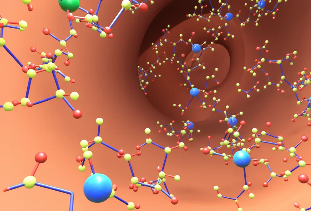 Concettuale, wide-angle lens, 15mm, visualizzazione astratta di molecole di GDF9, BMP15, IGF1 e cortisolo che interagiscono all'interno di una rappresentazione stilizzata 3D di un follicolo ovarico, con colori vivaci che indicano le diverse molecole e percorsi di segnalazione, focus nitido sulle interazioni molecolari.