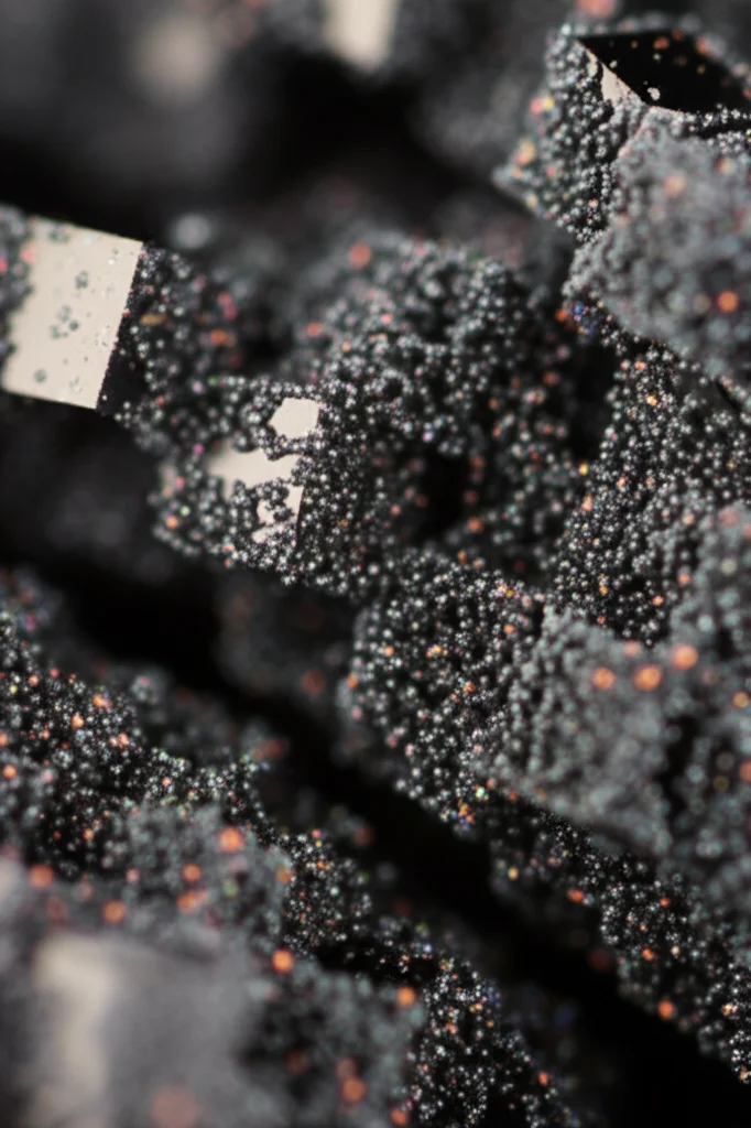 Immagine macro ad alta definizione di nanoparticelle di ferrite cubica scintillanti su un substrato scuro, illuminazione controllata per evidenziare la struttura cristallina, obiettivo macro 100mm, alta definizione, messa a fuoco precisa.