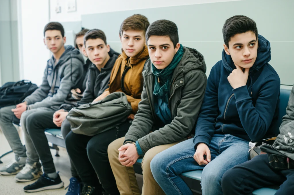 Fotografia realistica stile ritratto, 35mm, profondità di campo. Gruppo eterogeneo di ragazzi adolescenti (presunti minori stranieri non accompagnati) in un ambiente neutro, forse una sala d'attesa ospedaliera. Espressioni pensierose ma dignitose, luce naturale.