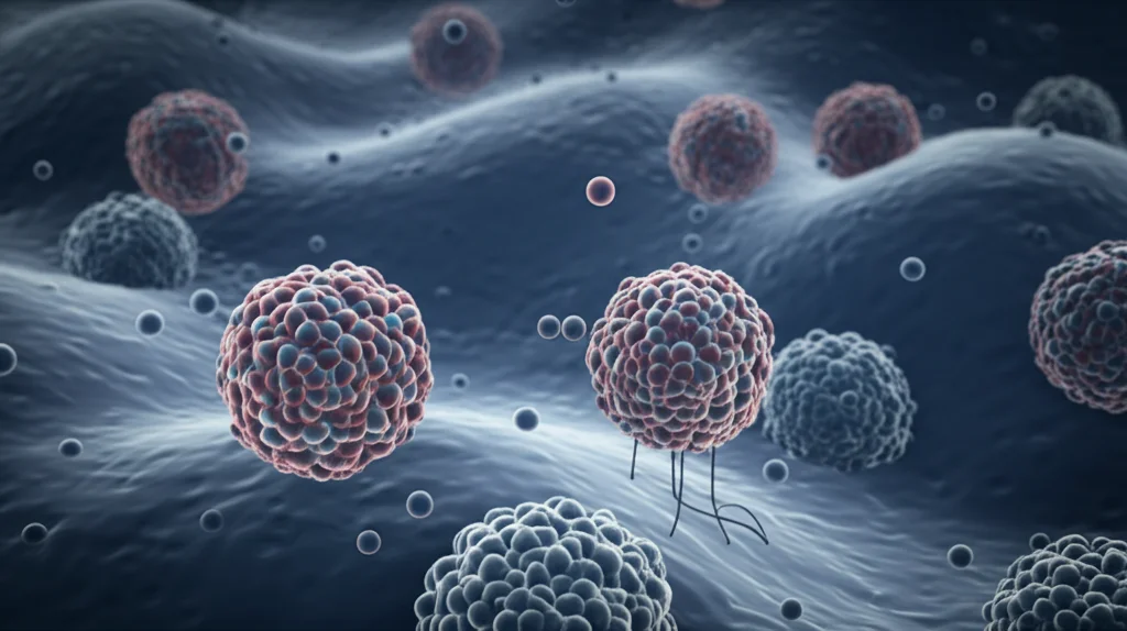 Visualizzazione concettuale fotorealistica di nanoparticelle magnetiche Co-Mn-Cr che interagiscono con cellule umane stilizzate in un contesto di rilascio di farmaci, profondità di campo ridotta, illuminazione drammatica stile film noir, obiettivo 35mm, duotone blu e grigio.