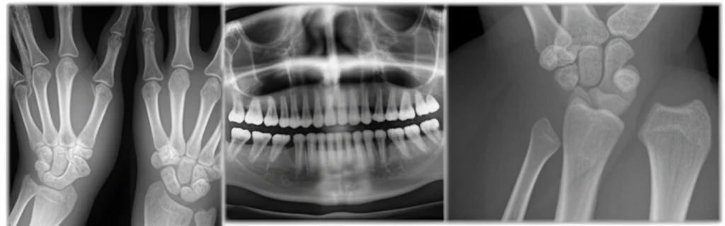 Immagine composita o divisa che mostra diverse tecniche radiologiche per la stima dell'età. A sinistra, una radiografia del polso (metodo Greulich-Pyle). Al centro, un'ortopantomografia (OPT) dentale. A destra, una scansione TC della clavicola. Dettaglio elevato, illuminazione controllata, stile macro lens 100mm per i dettagli ossei.