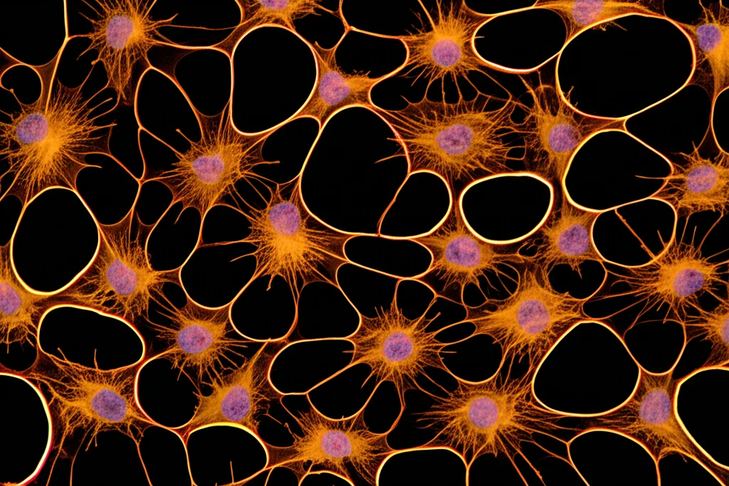 Fotografia macro di cellule di cancro al seno (linea MDA-MB-231) in una piastra di coltura, obiettivo macro 100mm, illuminazione controllata da laboratorio, alta definizione dei dettagli cellulari, che mostra la preparazione per un saggio di legame.