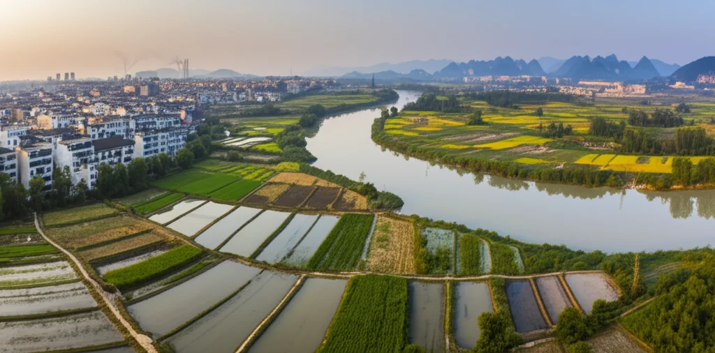 Fotografia paesaggistica grandangolare dell'area agricola lungo il fiume Qian, Cina, che mostra campi coltivati adiacenti a un villaggio, con segni di attività agricola intensiva e infrastrutture industriali visibili in lontananza, obiettivo grandangolare 18mm, messa a fuoco nitida, luce del tardo pomeriggio.