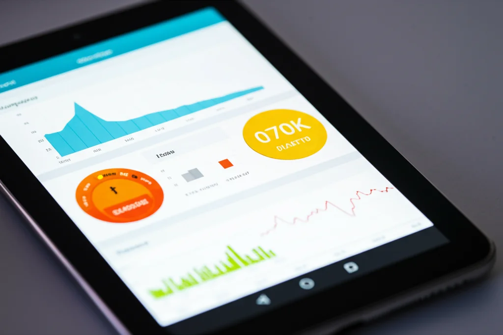 Scatto macro di uno schermo di tablet che mostra un'interfaccia utente di un'app per la gestione del diabete, con grafici chiari dei livelli di glucosio e indicatori di compliance, obiettivo macro 90mm, alta definizione dei dettagli, illuminazione da studio controllata per massimizzare la leggibilità dello schermo.