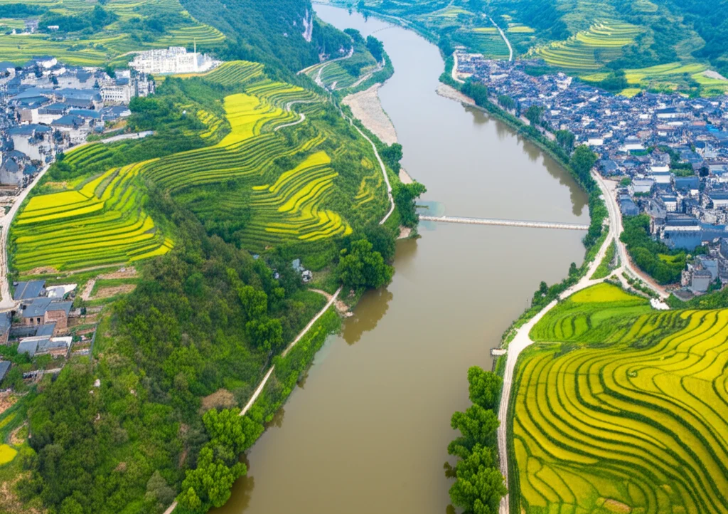Fotografia aerea con drone che mostra la topografia variabile lungo il fiume Qian, evidenziando l'alternanza di aree pianeggianti coltivate vicino ai villaggi e zone più elevate, con il fiume che serpeggia nel paesaggio, obiettivo grandangolare 24mm, messa a fuoco nitida, luce diurna.