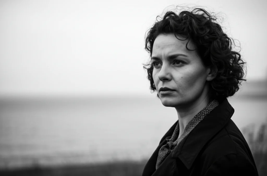 Ritratto fotografico in bianco e nero di una donna che guarda determinata verso l'orizzonte, simboleggiando la lotta per l'autonomia e contro la dominazione. Stile film noir, obiettivo 35mm, profondità di campo accentuata.