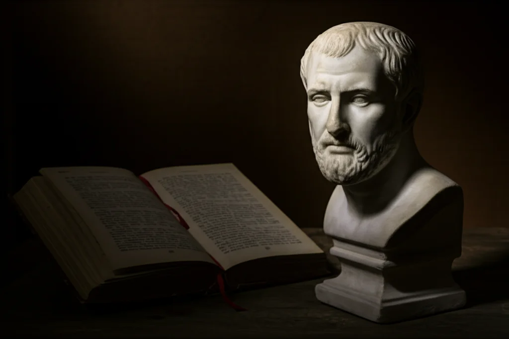 Fotografia still life di un antico busto di Platone accanto a un libro aperto di Hobbes, illuminati da una luce laterale morbida su uno sfondo scuro, a simboleggiare la storica tradizione compatibilista. Obiettivo macro 85mm, illuminazione controllata, alta definizione.