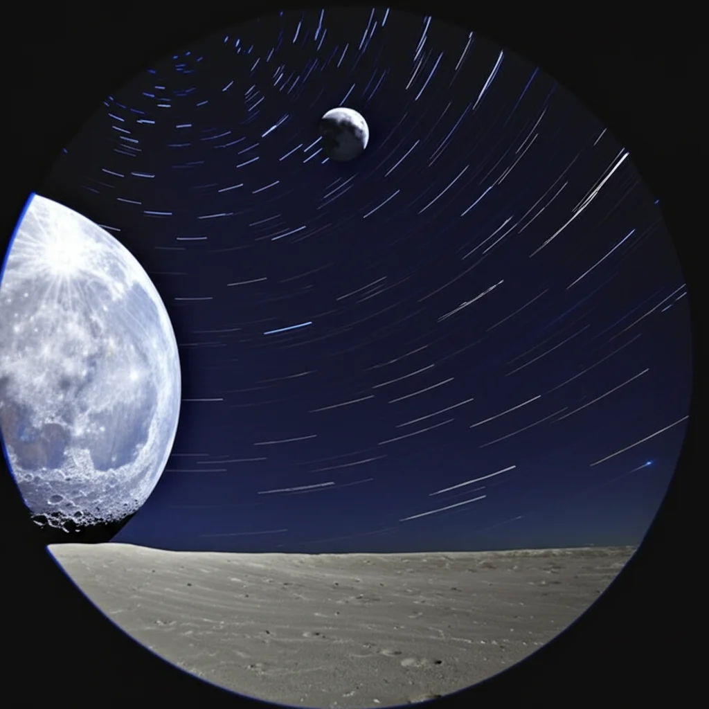 Fotografia astronomica grandangolare della Terra vista dalla Luna, con scie luminose che indicano il movimento relativo dei corpi celesti, a simboleggiare la validità di diversi quadri di riferimento. Obiettivo grandangolare 10mm, lunga esposizione, messa a fuoco nitida.