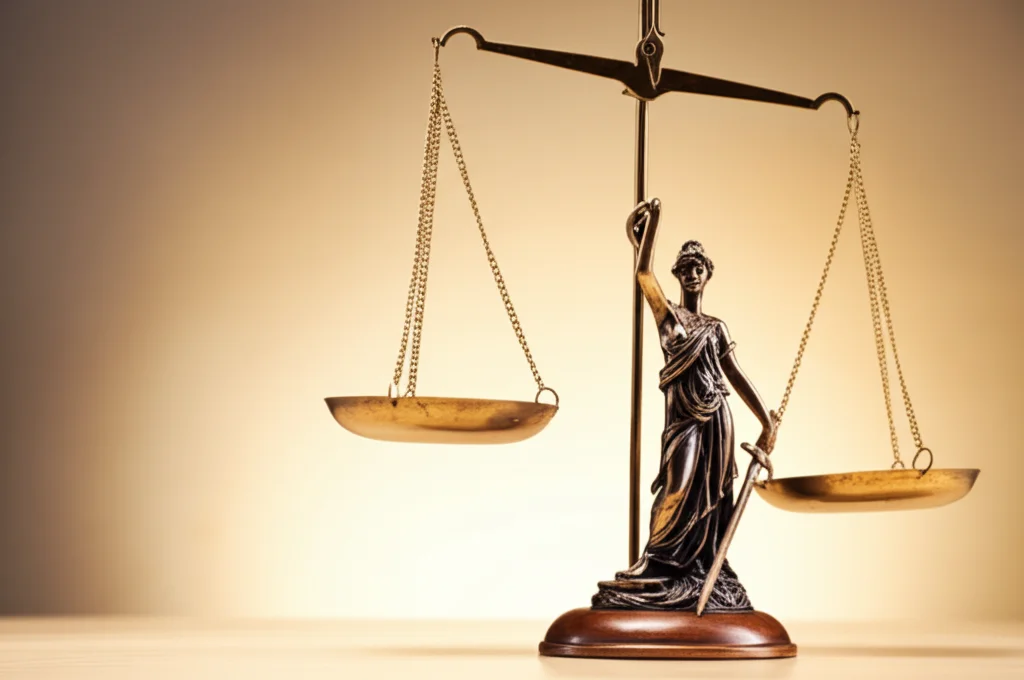 Fotografia still life di una bilancia della giustizia antica, perfettamente equilibrata, illuminata da una luce calda e frontale su uno sfondo neutro, simboleggiando un sistema morale giusto ancorato a principi universali. Obiettivo macro 60mm, alta definizione, illuminazione controllata.