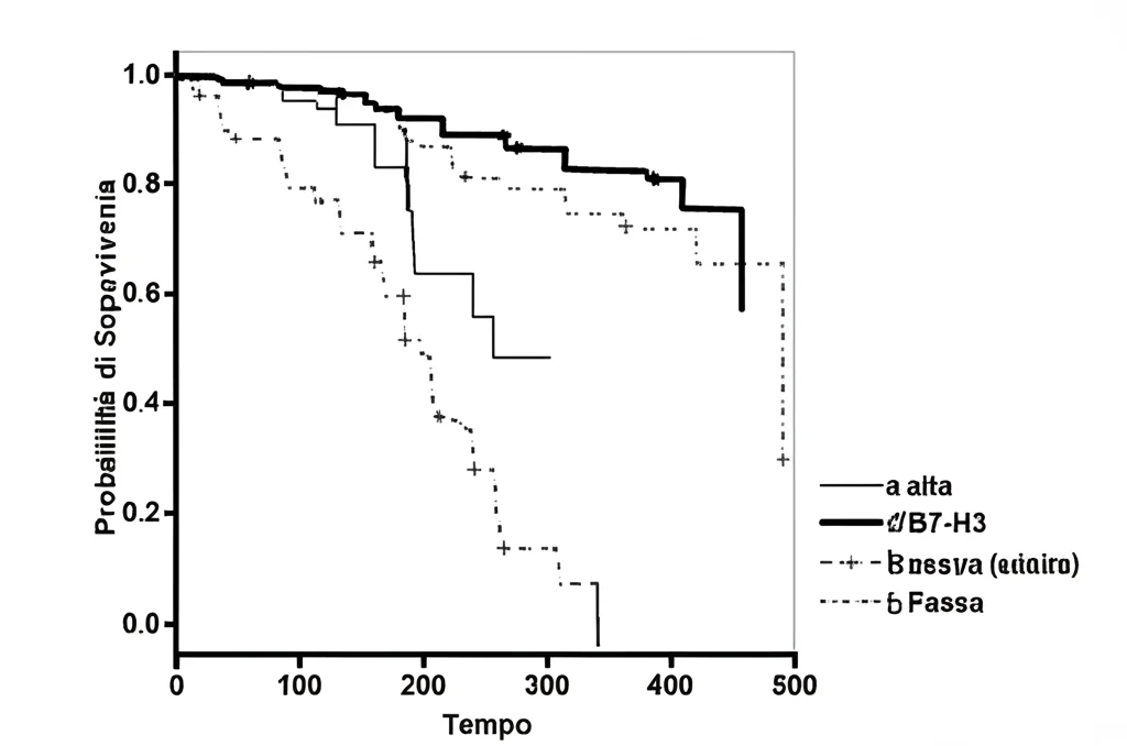 Grafico Kaplan-Meier che mostra le curve di sopravvivenza per pazienti con Medulloblastoma divisi in due gruppi: alta espressione di B7-H3 (curva inferiore, prognosi peggiore) e bassa/moderata espressione (curva superiore). Stile grafico scientifico, chiaro e leggibile, con assi etichettati (Tempo e Probabilità di Sopravvivenza).