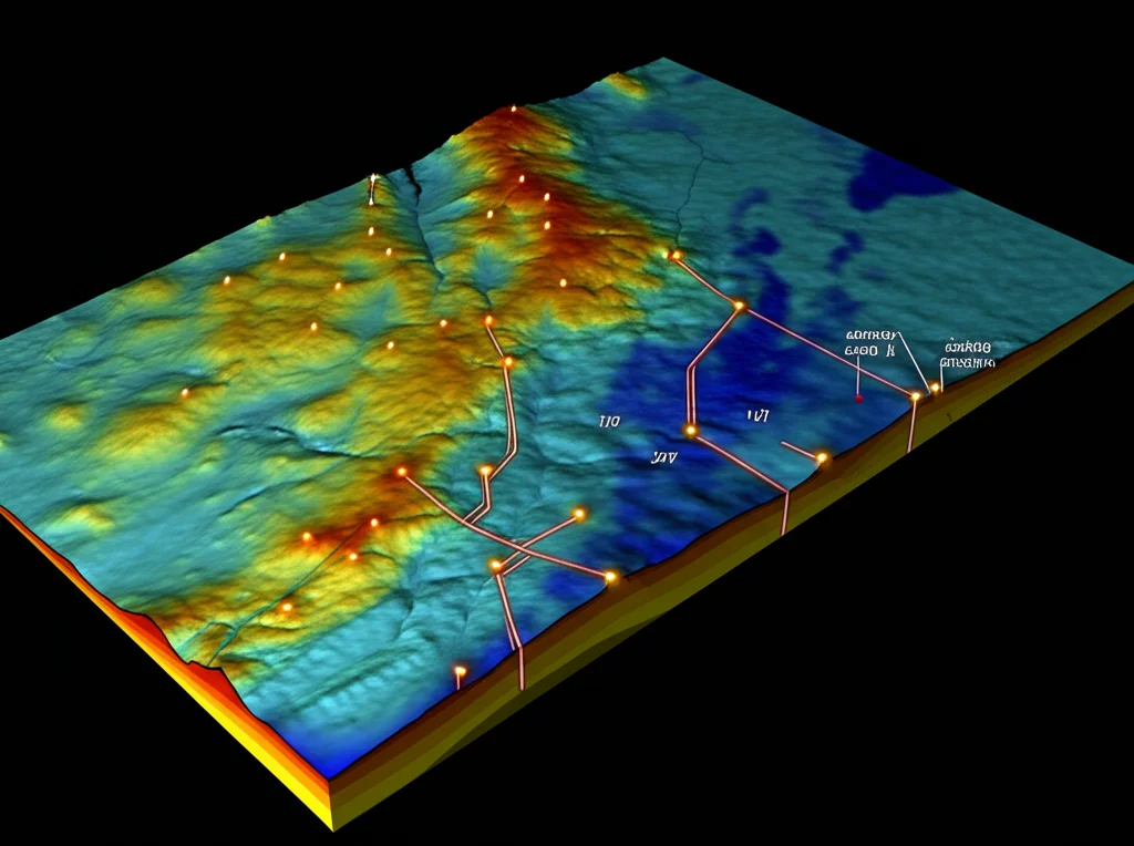 Mappa 3D fotorealistica della Penisola di Noto che mostra la sezione trasversale della crosta terrestre. Evidenziate le stazioni sismiche strong-motion come piccoli triangoli luminosi sulla superficie. Sotto la superficie, una rappresentazione grafica della faglia attivata dal terremoto del 2023, con colori che indicano diverse velocità sismiche (modello JIVSM). Obiettivo macro 80mm, illuminazione controllata per evidenziare i dettagli geologici, alta definizione.