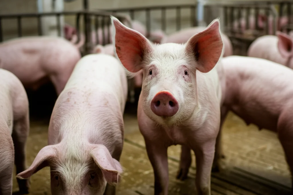 Fotografia realistica di suini sani ma dall'aspetto vigile in un moderno allevamento ben illuminato, obiettivo prime 35mm, profondità di campo per mantenere a fuoco alcuni suini in primo piano e sfocare leggermente lo sfondo dell'allevamento, luce controllata.