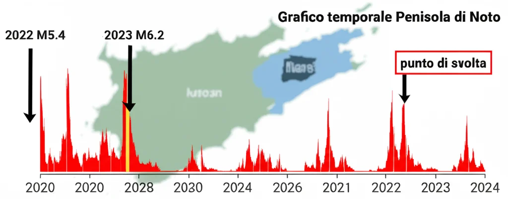 Grafico temporale fotorealistico che mostra l'attività sismica nella Penisola di Noto. Una linea temporale orizzontale dal 2020 al 2024. Picchi rappresentano i terremoti principali (2022 M5.4, 2023 M6.2, 2024 M7.6). Il picco del M6.2 è evidenziato come 'punto di svolta'. Sullo sfondo, una mappa sfocata della penisola. Stile infografica scientifica, obiettivo 50mm, colori chiari e contrastanti.