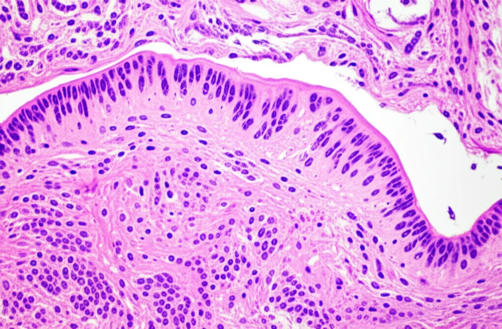 Fotografia di tessuto polmonare suino al microscopio, sezione colorata con ematossilina ed eosina (HeE), obiettivo macro 60mm adattato al microscopio, alta risoluzione per mostrare dettagli cellulari e possibili infiammazioni o lesioni, illuminazione trasmessa controllata.