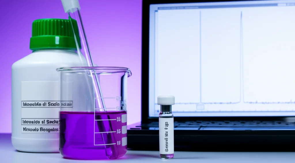 Fotografia still life che confronta due scenari di laboratorio. A sinistra, bottiglie di reagenti chimici (idrossido di sodio, metanolo) con etichette di pericolo e un becher con liquido colorato viola, rappresentante il metodo colorimetrico. A destra, una piccola fiala sigillata (vial) per GC accanto a un computer che mostra un cromatogramma pulito. Illuminazione controllata, obiettivo macro 60mm, alta definizione, focus sui dettagli dei contenitori e delle etichette.