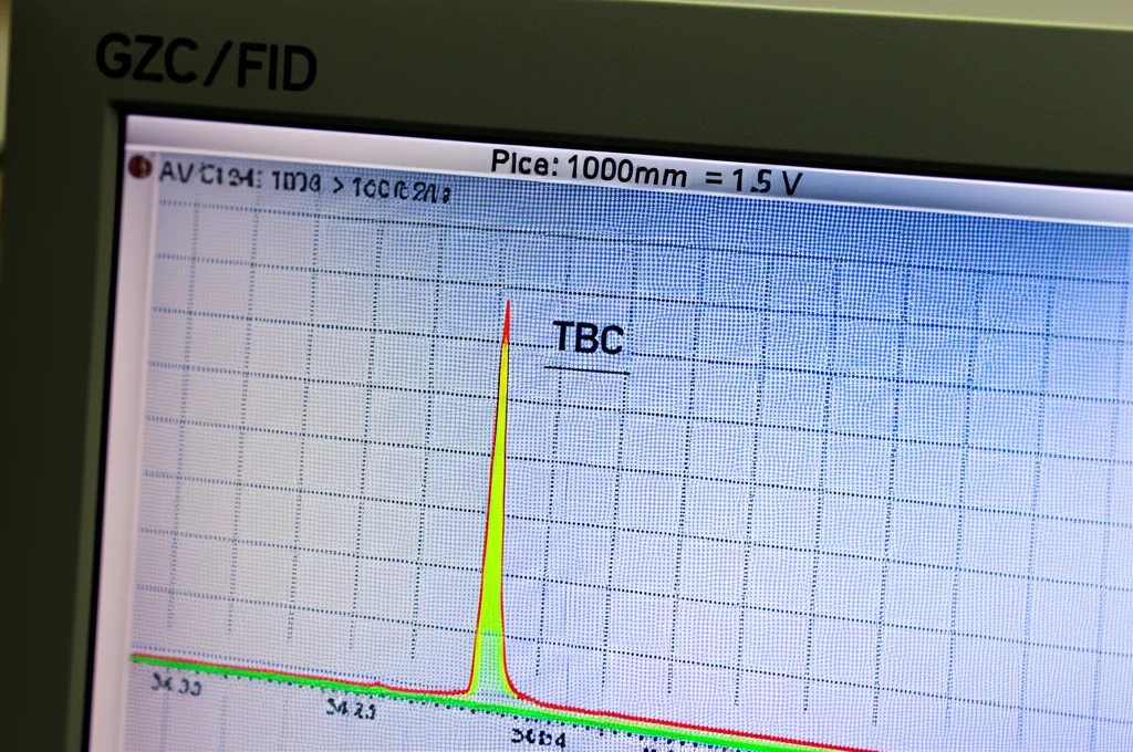 Primo piano di un cromatogramma visualizzato sullo schermo di un computer collegato a un GC/FID. Si vede una linea di base piatta e poi un picco netto e ben definito etichettato come 'TBC' a circa 34 minuti. Sullo sfondo, sfocato, si intravede la strumentazione del GC. Obiettivo macro 100mm, alta definizione, focus sul picco del TBC nel cromatogramma.