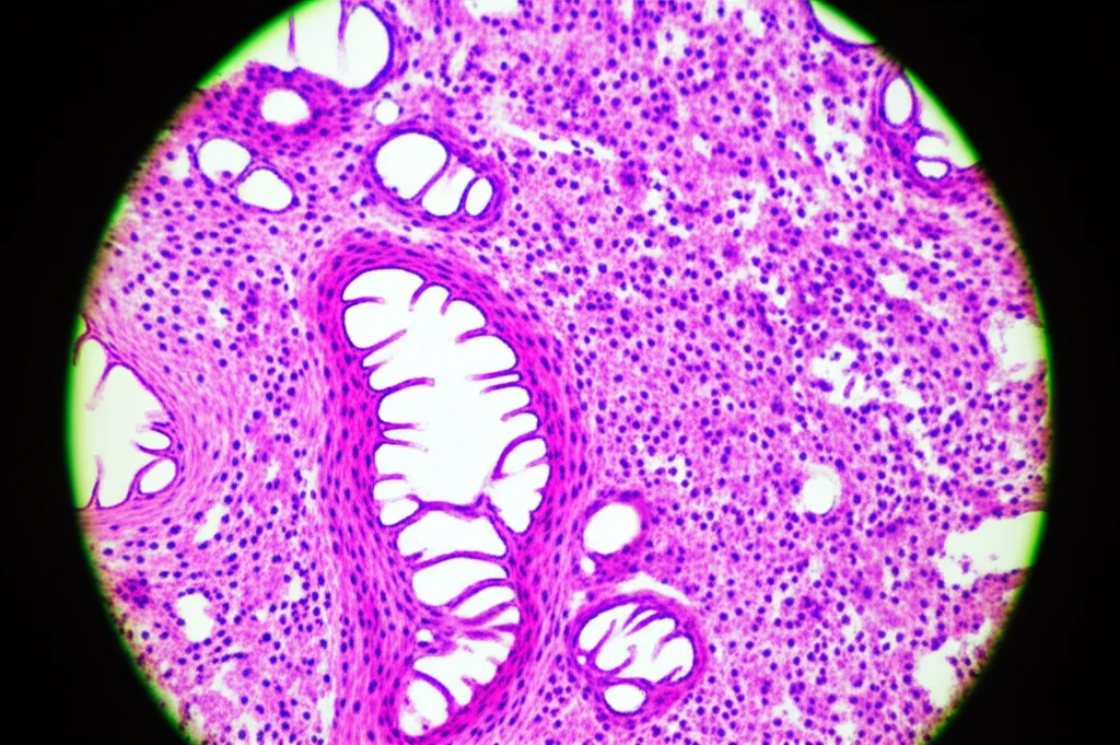 Fotografia macro di cellule tumorali dell'esofago sotto un microscopio, illuminazione controllata ad alto contrasto, alta definizione, obiettivo macro 100mm, che mostra la struttura irregolare e la complessità della malattia a livello cellulare.