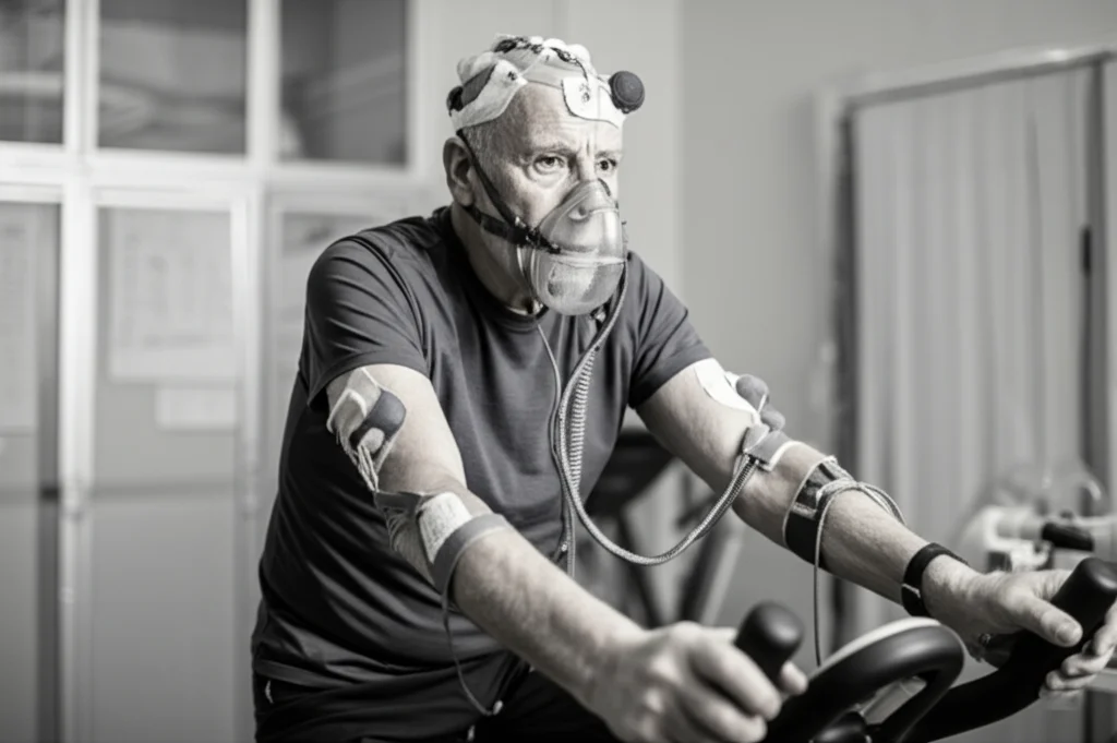 Ritratto di un paziente maschio di mezza età, circa 55 anni, su una cyclette per test da sforzo cardiopolmonare (CPET) in un laboratorio medico moderno. Indossa sensori e una maschera facciale. Bianco e nero, profondità di campo ridotta che sfoca lo sfondo, obiettivo 35mm, espressione concentrata e leggermente affaticata.